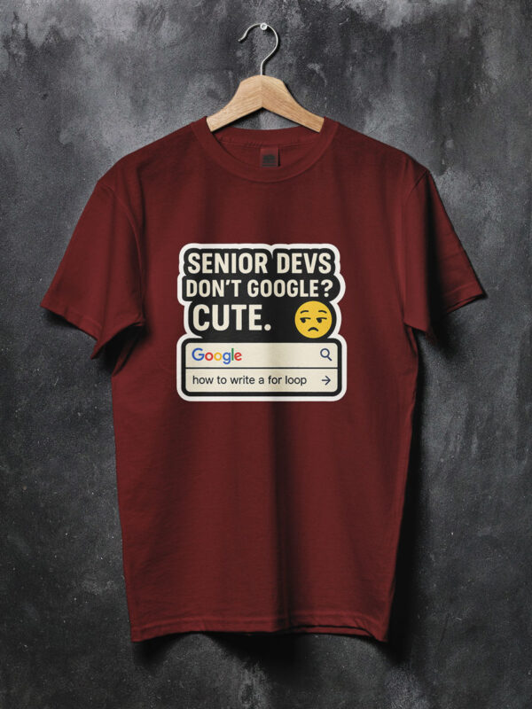 senior-devs-dont-google-geek-tshirt-brick-red